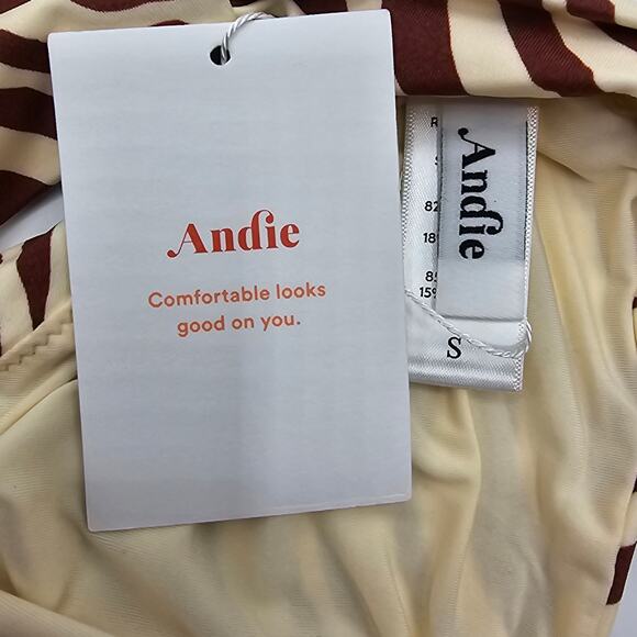 Andie Swim Womans size S The Ruched Side Bikini Bottom Bias Stripe Truffle NEW - Picture 6 of 8